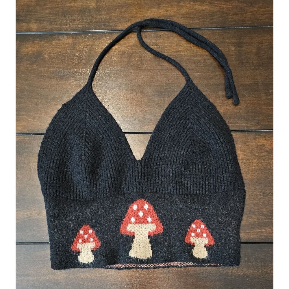 Mushroom Sweater Halter Top Medium US 6‎ Crop Black Fairycore Hippie Bohemian